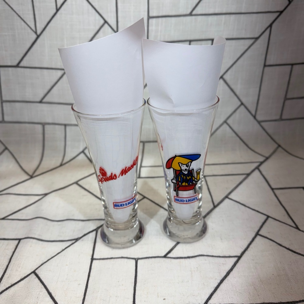 Bud Light Spuds MacKenzie Shot Glasses 6in Clear 1987 Vintage Pilsner Set of 2